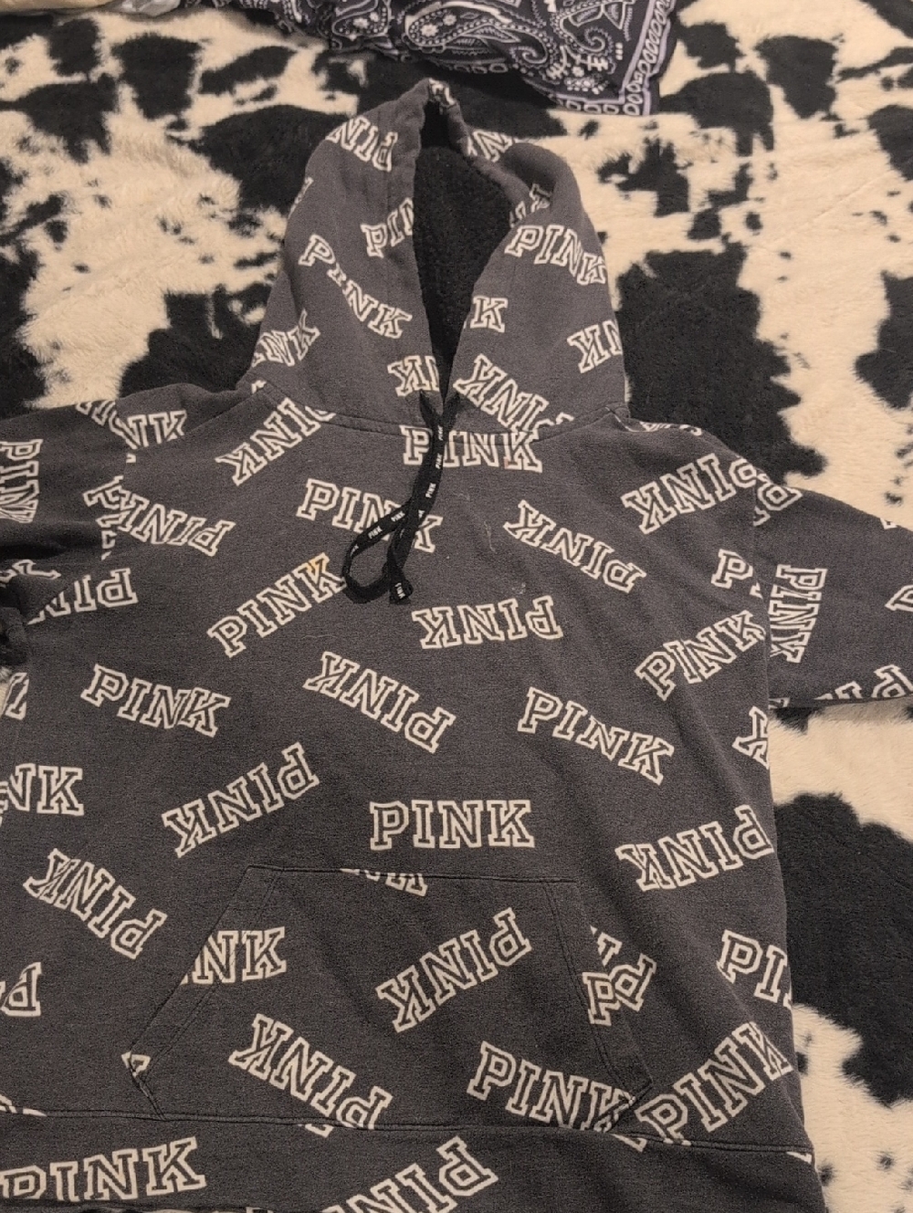 PINK Victoria's Secret Black and Gray Logo Trim Hoodie
